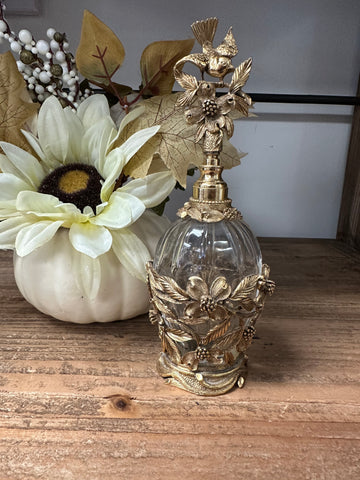 Vintage ornate Matson gold plated Ormolu perfume bottle w/Dauber bird blossoms