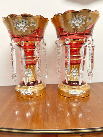 Vintage set of 2 Bohemian Ruby Glass & enameled mantle luster